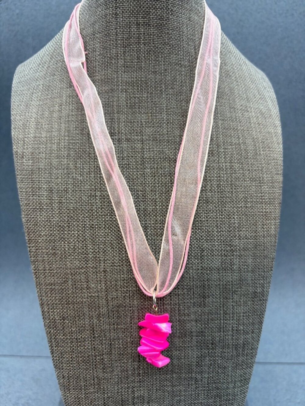 Pink Organic Pendant Necklace 17 In Sheer Ribbon MOP Mother Of Pearl Barbie Glam